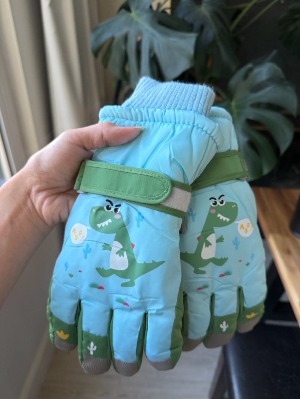 Light Blue Green Dinosaur Winter Gloves